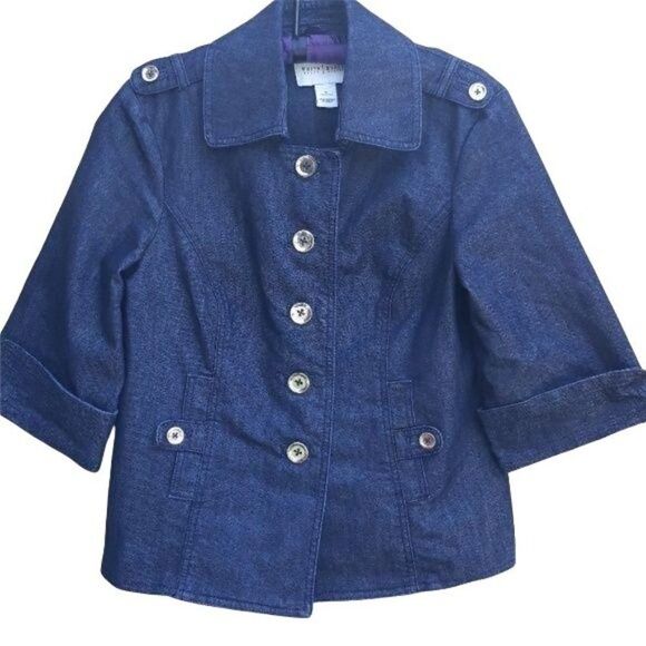 WHBM 90's Military Caped Peacoat Dark Wash Denim Jean Jacket  Button Down Sz 6 - Picture 1 of 8